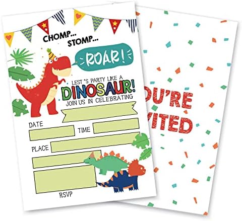 Покани за роденденска забава на Goxfoc Roar Dinosaur со коверти 20 пакувања, материјали за забави за диносаурус за деца покани картички, покани