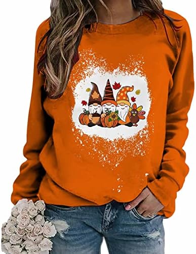 Narhbrg Денот на благодарноста gnome држи графичка кошула од тиква за жени со долги ракави, плус големина на екипажот на вратот на вратот