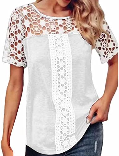 Кошули за жени 2023 лето женски тркалезен врат, обичен чипка панел со кратки ракави врвни маички суви технолошки кошули жени жени