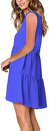 Womenенски летен туничен фустан без ракави V вратот од вратот Обичен лабав проток, замав, менито фустани, руфли, избришан мини