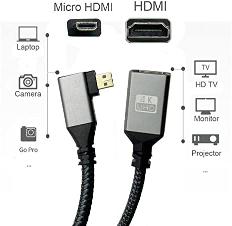 Seadream 4K Angled Micro HDMI до HDMI адаптер Кабел 8inch 90 ° Dege Право на агол микро HDMI MALE до HDMI 2.0 женски најлон плетенка кабел поддршка