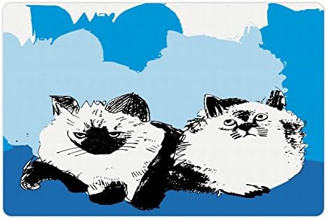 Лунарна Мачка Миленичиња Мат За Храна И Вода, Илустрација На Мачки Со Нијанси На Сина Маче Тема Уметност, Не-Лизга Гумени Мат За Кучиња И Мачки,