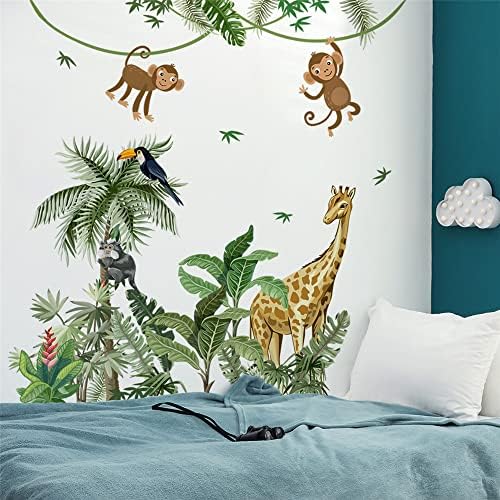 Големи Димензии Тропска Палма Зелен Лист Растителни Животни Џунгла Ѕид Налепници За Детска Соба Спална Соба Симпатична Мајмун Зебра