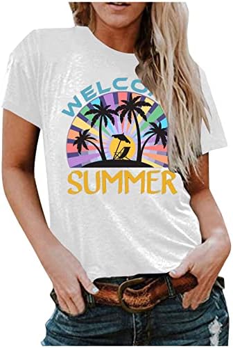 Женски зајдисонце кошули на плажа плажа палма маичка Смешно лето лето Хавајски одмор краток ракав екипаж графички мета врв