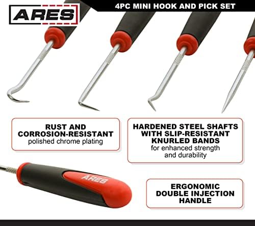 ARES 10034 - Mini Hook and Pick Set - 4 -парчиња сет вклучува аголни, исправени и целосни куки и избор - зацврстени челични шахти - лесно