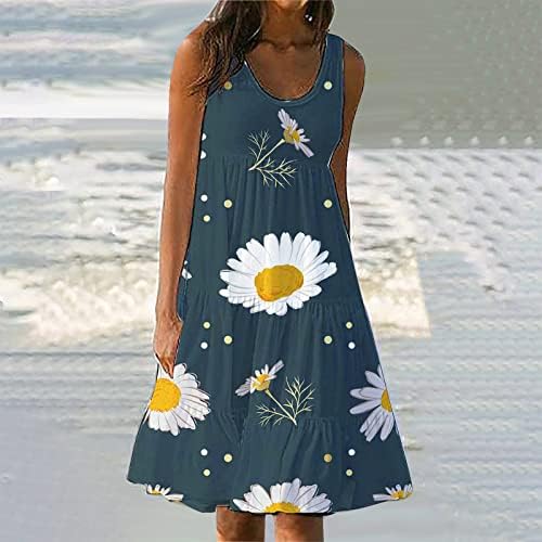 Fragarn sundresses за жени обична плажа, женски летен цветен печатен фустан од плажа, фустан без ракави, без ракави, без ракави, фустан