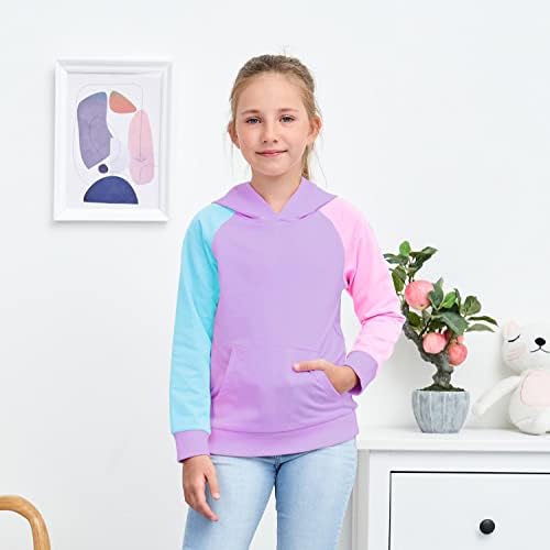 Jeskids Sweetshirt for Girls Pullover Hoodie Colorblock Долга ракав за надворешна облека Модни врвови со џеб 12-13 Т виолетова