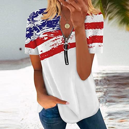 Qcemeni Патриотски Туника врвови за жени обични кратки ракави zip v врат маици Денот на независност Блузи Графички лабави блузи