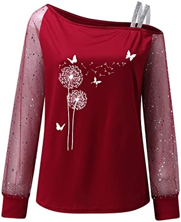 Womenените обични маички маички жени обична мода врвна кошула Д Анделион печати мрежа со долги ракави чипка цврста боја на врвови во боја