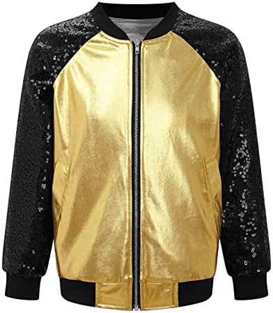 EasyForever Girls Zip Up Sequins Metallic долги ракави бомбаш јакна Сјајна лет -јакна од палто 70 -ти диско -костуми клубска облека