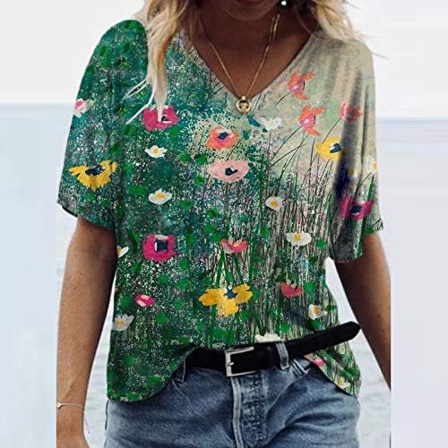 Womenените летни врвови облечени обични 2023 V вратот кратки ракави маички цветни лабави вклопуваат симпатична вежба за кошула плус