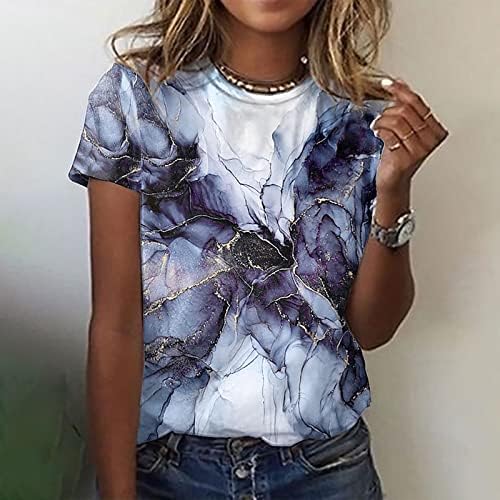 Женски летни врвови плус врвови со големина О-вратот печати кратки ракави маици врвови со обични лабави блузи врвови технички кошули