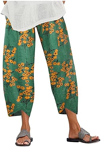 Обични панталони Капри за жени широки нозе памучни постелнина Капри Пант Флорална печати лето плажа панталони со џебови