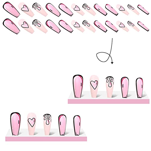 Розова Преса На Нокти Долги Лажни Нокти Форма На Ковчег Лажни Нокти Со Дизајни Срце Акрилни Нокти Симпатичен Стап На Ноктите Целосна Покривка