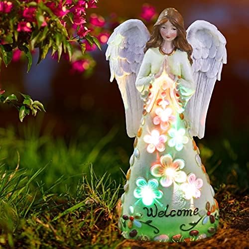 Јазиван соларна градина светло на отворено, ангелски статуи со декорација на светла за промена на бојата, водоотпорна смола Ангелска