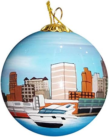 Рачно насликано стакло Божиќно украс - Скајлин во Детроит