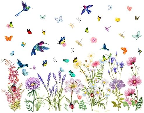Амаонм Шарени Пролетни Цвеќиња Ѕидни Налепници Отстранлив Сам Крин Маргаритка Лаванда Со Пеперутка Птици Вилински Коњчиња Растенија