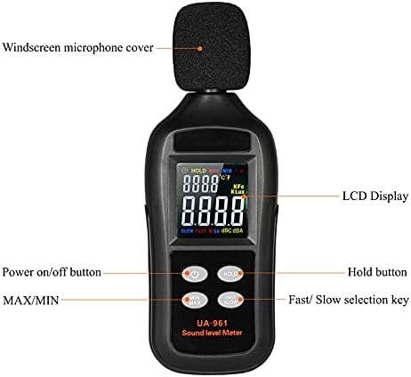 Мерач на ниво на дигитален звук на Asuvud LCD 35-135DB Волумен на бучава Мерички инструмент за мониторинг на децибели со режим на задржување