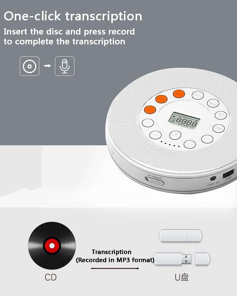 Преносен преносен CD плеер Bluetooth, компактен музички ЦД диск плеер за автомобил/патувања, домашен аудио бумбокс со стерео звучник