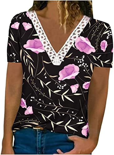 Women'sенски мода лето печатено чипка со чипка V-вратот на блузи врвни кратки ракави, обични лабави кошули Топ