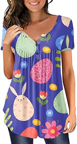 Uscharm Среќни Велигденски кошули жени симпатична зајак јајце јајце печатено копче нагоре смешни маички летни кратки ракави проточни плетини