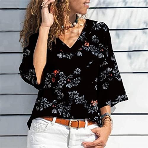 Тинејџерски блузи 3/4 ракави блузи Vneck Spandex Floral Graphic Loose Fit Fall Summer Blouses 2023 ZH