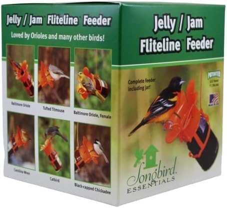 Songbird Essentials Jelly Bird Wird, oriole фидер, лесен за пополнување со желе или џем, вклучена пластична тегла. Одговара на повеќето тегли