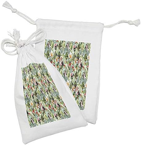 Лунарни Папагали Ткаенина Торбичка Сет од 2, Крпеница Модел Џунгла Тематските Илустрација Со Палма Лисја И Животински Дизајн, Мали