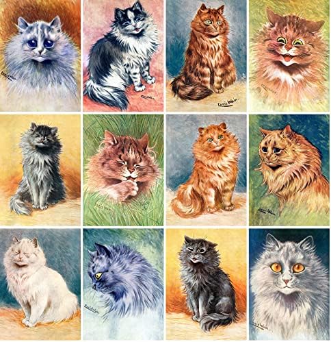 Pixiluv мачки портрети ~ 12 големи честитки ~ гроздобер разгледници и илустрации на списанија од Луис Вејн