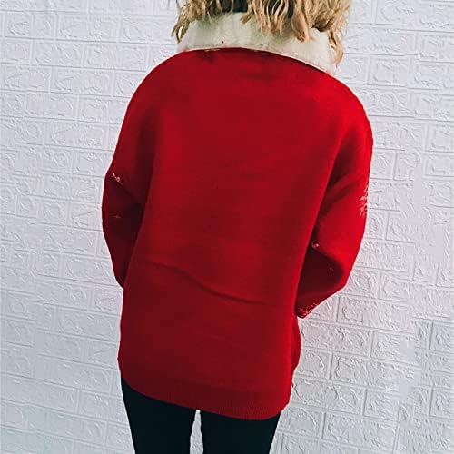 Женски џемпер за туники Божиќ симпатична печатена кадифен лапел кабел плетен долги ракави пулвер за џемпер на блузи блузи врвови