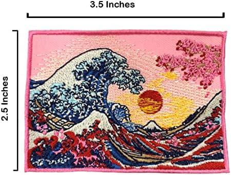 А-Еден 3 парчиња Пакет- Одличен бран надвор од Канагава со знамето Сакура+Јапонија и лаптоп, закрпи на катсушика Хокусаи, железо на/шие