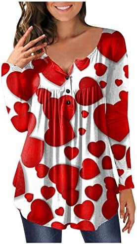 Симпатична срцева графичка Туника на врвови за жени со долги ракави на в Valentубените со долги ракави, копче надолу со маица со