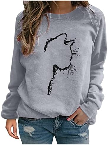 QTOCIO Мачка Sweatshirt Женски Смешни Симпатична Мачка Кошула Долг Ракав Tshirt Crewneck Пуловер Блузи Трендовски Секојдневен