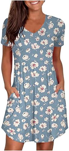 Флорална макси фустан, женски обичен фустан со краток ракав, летен џеб од џеб, цветни печатени мини фустани за замав