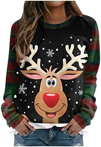 Божиќни џемпери за жени смешни слатки кошули за печатење на ирваси, Божиќни раглан долги ракави за празник на врвови на врвови