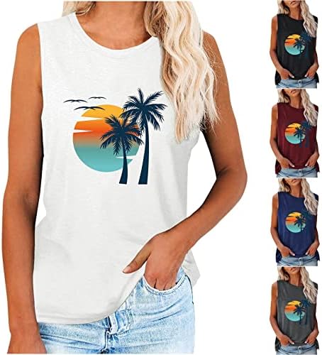 Topенски одмор на плажа на плажа на врвови на сонце и палми графички камиони кошули женски смешни без ракави слатки тренинзи маички врв