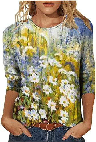 Дами врвна акварел цветна графичка блуза за тинејџерска девојка 3/4 ракав екипаж вратот Бранч есен лето Топ 2023 Облека