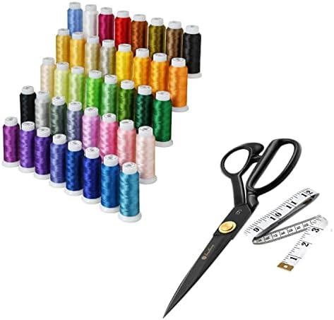 40 бои Полиестерска машина за везови конец + Професионални прилагодени ножици 9 инчи за сечење на ткаенини и кожни ножици со тешки задачи