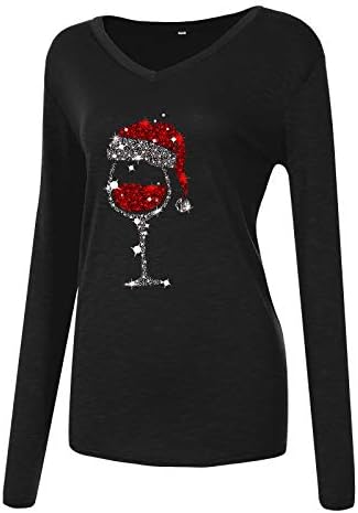 Narhbrg жени Божиќна црвена вино стаклена кошула 2022 маичка смешна Божиќна маица V вратите кошули лабава цврста вежба за вежбање графички