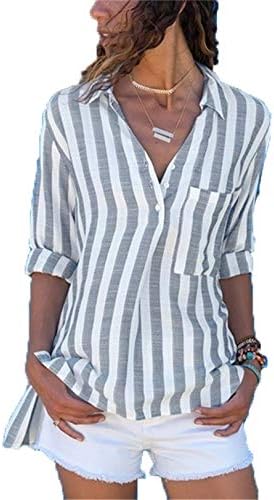 Andongnywell шарени печатени обични лапчиња долги ракави џебни кошула женски летни ленти со врвови