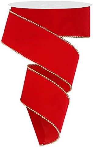 Cintago 2-1/2 инчи, 20 јарди црвен кадифена жична лента со златни мониста, раб на божиќна жица лента