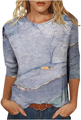 Бранч врв за жени есен лето 3/4 ракав екипаж мермер графички лабави збирки блузи маици тинејџерки 2023 pq
