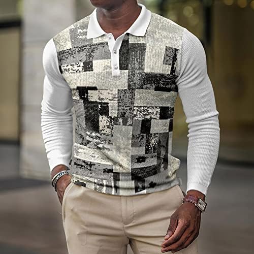 Машки 3Д печатено пулвер, трендовски лента за ленти, надолу кошули, случајни тенок фит-бојата блок со долги ракави лапел врвови маица маички маички