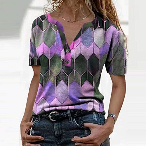 Балаки печати женски летни маици со кратки ракави со v-врат-необична кошула за блузи со копче опуштено вклопено пријатно мета