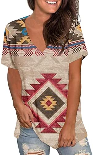 Letterенски летни врвови на Ацтеките Западен етнички стил Геометриски печатени маици против вратот со кратки ракави кошули лабави