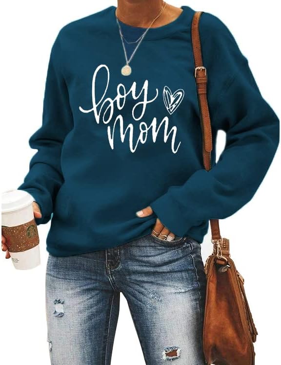 Qianruo женски момче мама џемпер лесен со долги ракави екипаж пуловер џемпер, симпатична срцева графичка мама мама врвови