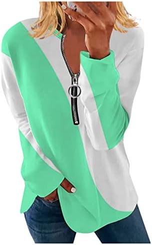 Маици на Nokmopo за жени модни обични кружни врат -качулка Неправилна лента со геометриска печатена блуза со долг ракав