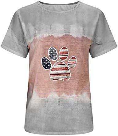 Четврти јули жени маици смешни кучиња шепа на американско знаме Патриотски врвови модни екипаж кошула кратки ракави блузи
