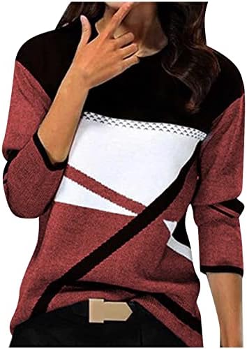 Blockенски блок во боја пад на долги ракави џемпер со тркала на вратот за бојата на контраст во боја со долг ракав маица