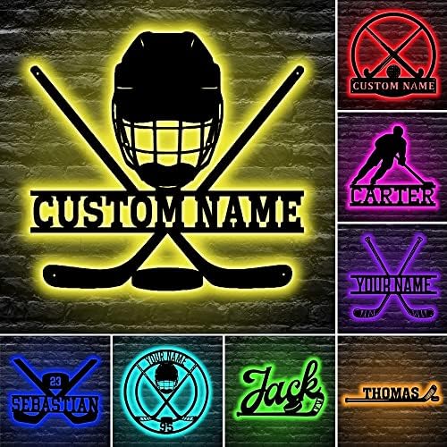 Персонализиран хокеј на мраз Неонски знак, хокеј wallиден декор знак прилагодено име хокеј ламба со име светло wallид знак 16 бои што се